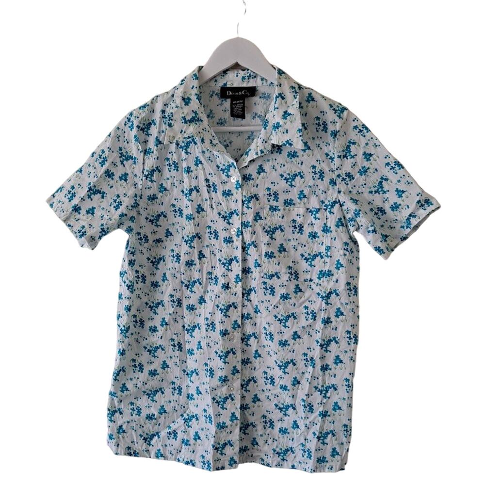 Denim & Co White, Blue & Green SS Notch Collar Top - Size M